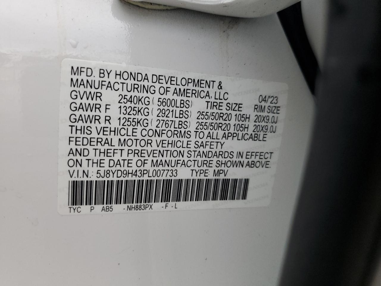 2023 ACURA MDX TECHNOLOGY VIN:5J8YD9H43PL007733