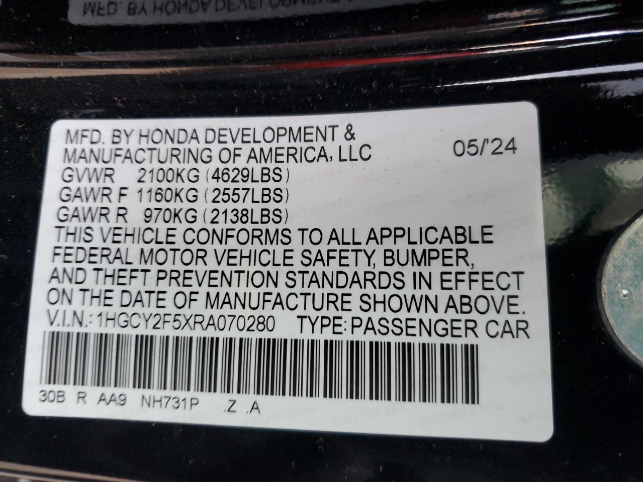 2024 HONDA ACCORD HYBRID SPORT VIN:1HGCY2F5XRA070280