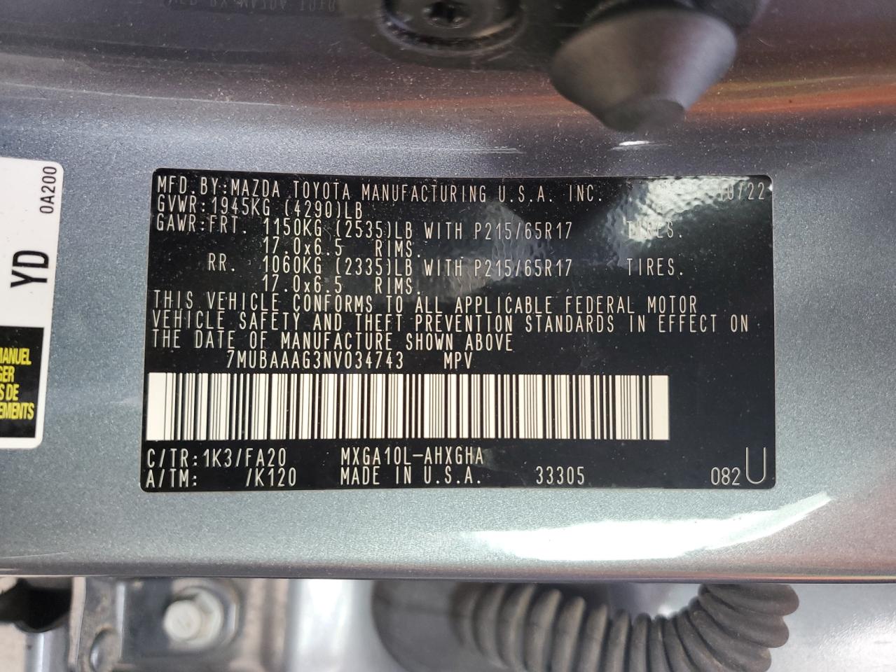 2022 TOYOTA COROLLA CROSS LE VIN:7MUBAAAG3NV034743