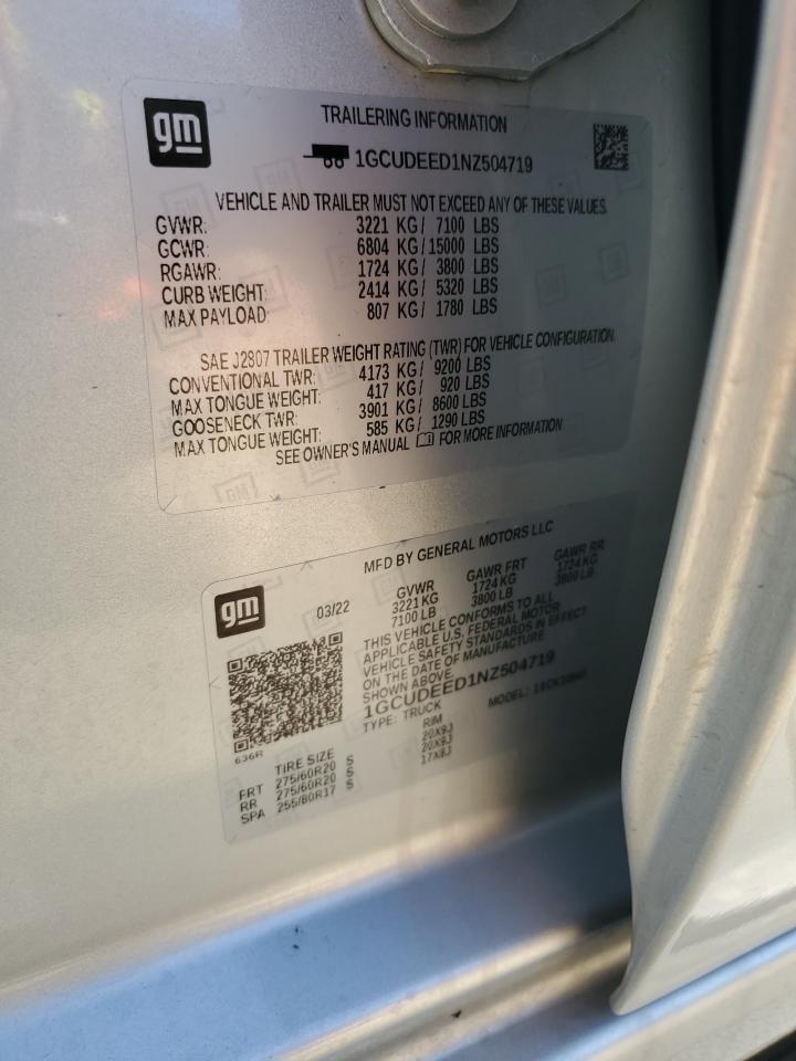 2022 CHEVROLET SILVERADO K1500 RST VIN:1GCUDEED1NZ504719