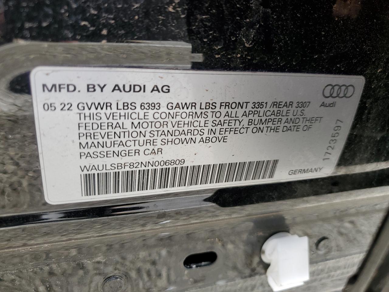 2022 AUDI S8  VIN:WAULSBF82NN006809