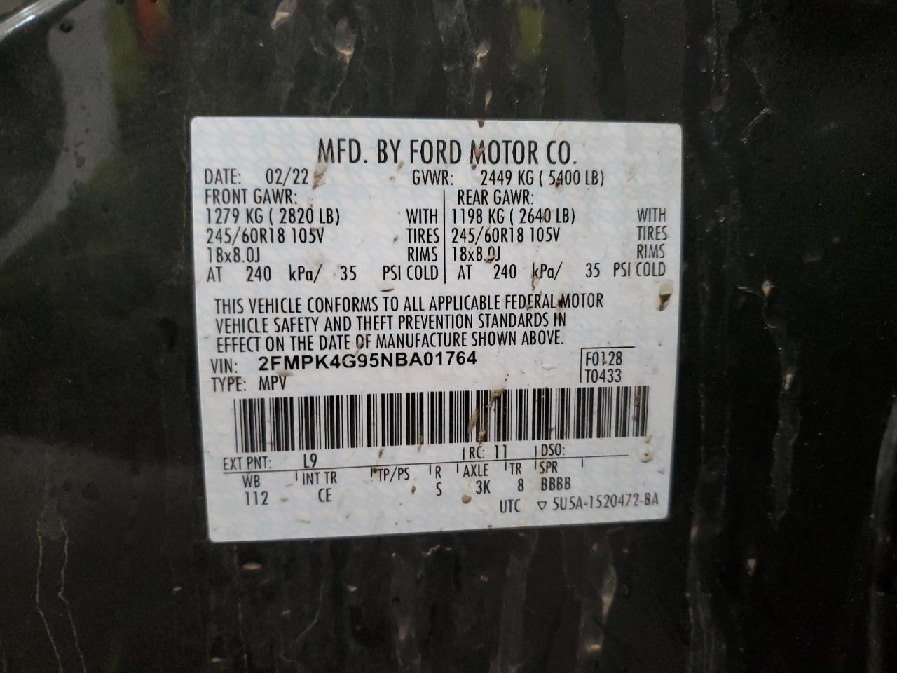 2022 FORD EDGE SE VIN:2FMPK4G95NBA01764