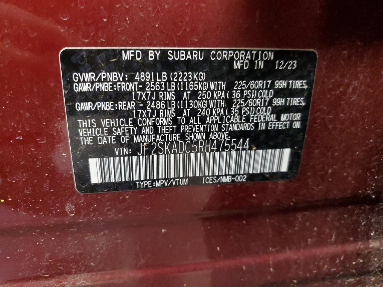 2024 SUBARU FORESTER PREMIUM VIN:5FNYF489X9B017981