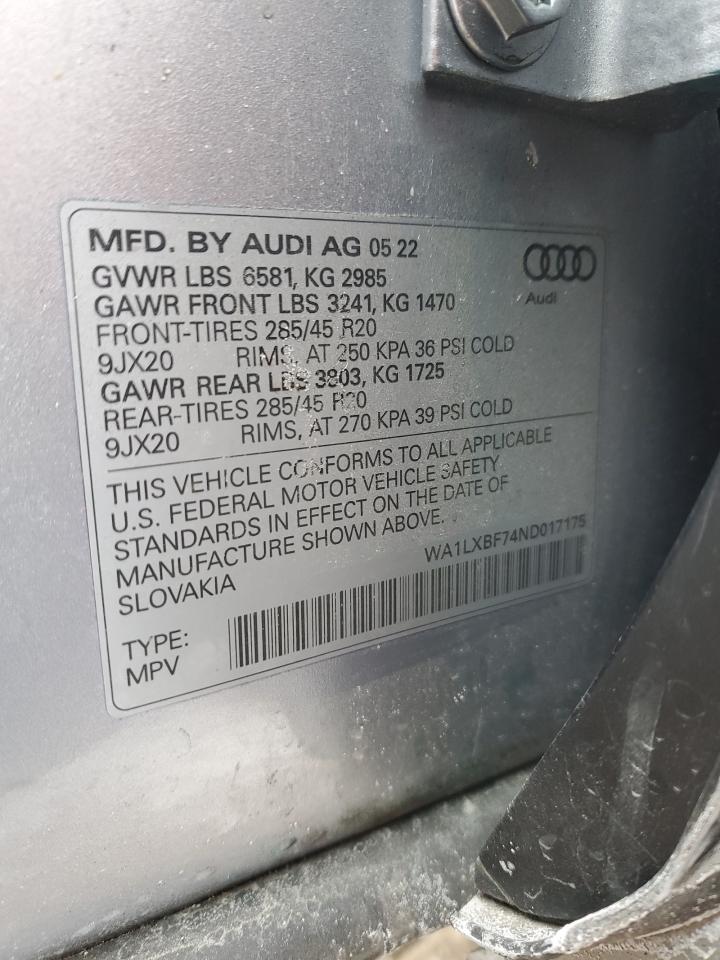 2022 AUDI Q7 PREMIUM PLUS VIN:1C4HJXFG7JW301246
