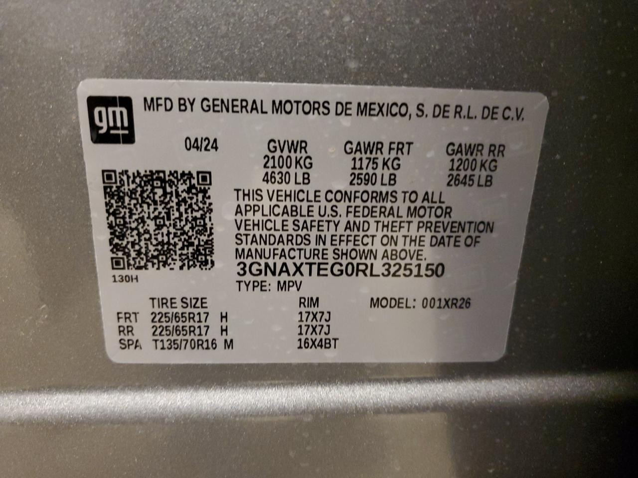 2024 CHEVROLET EQUINOX LT VIN:3GNAXTEG0RL325150