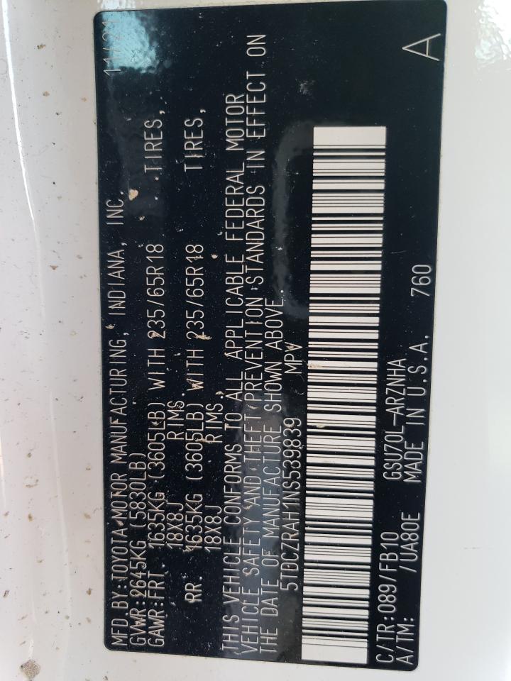 2022 TOYOTA HIGHLANDER L VIN:5TDCZRAH1NS539839