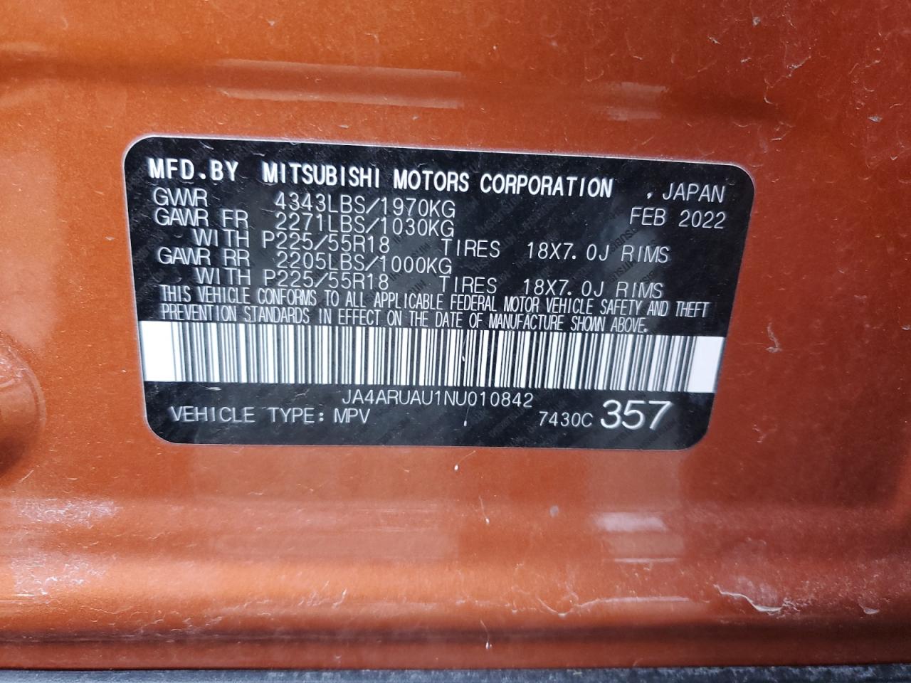 2022 MITSUBISHI OUTLANDER SPORT ES VIN:JA4ARUAU1NU010842