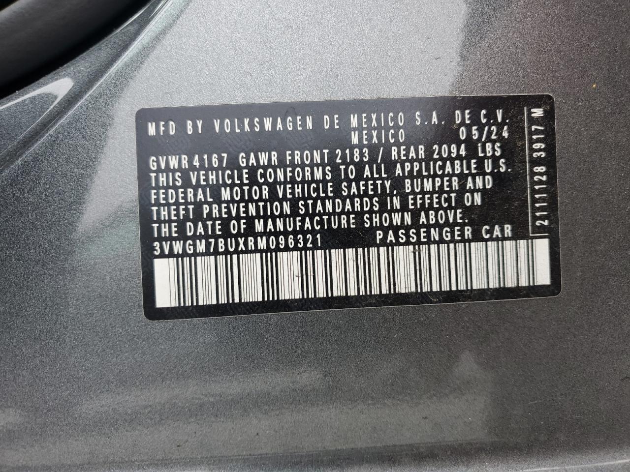 2024 VOLKSWAGEN JETTA SEL VIN:3VWGM7BUXRM096321