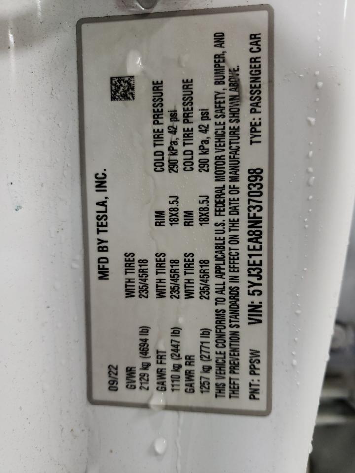 2022 TESLA MODEL 3  VIN:5YJ3E1EA8NF370398