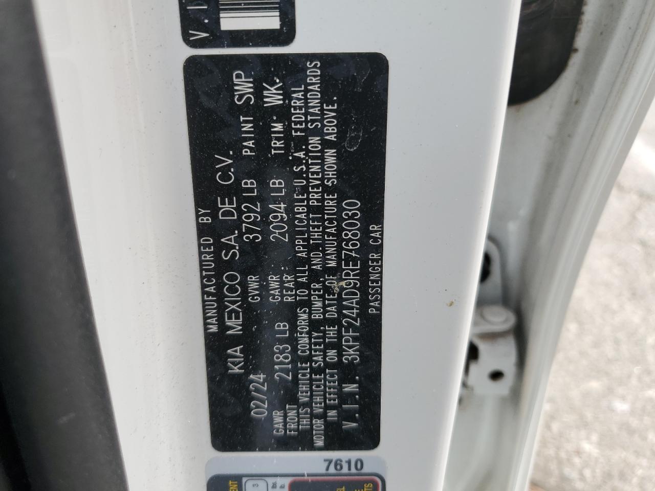 2024 KIA FORTE LX VIN:3KPF24AD9RE768030