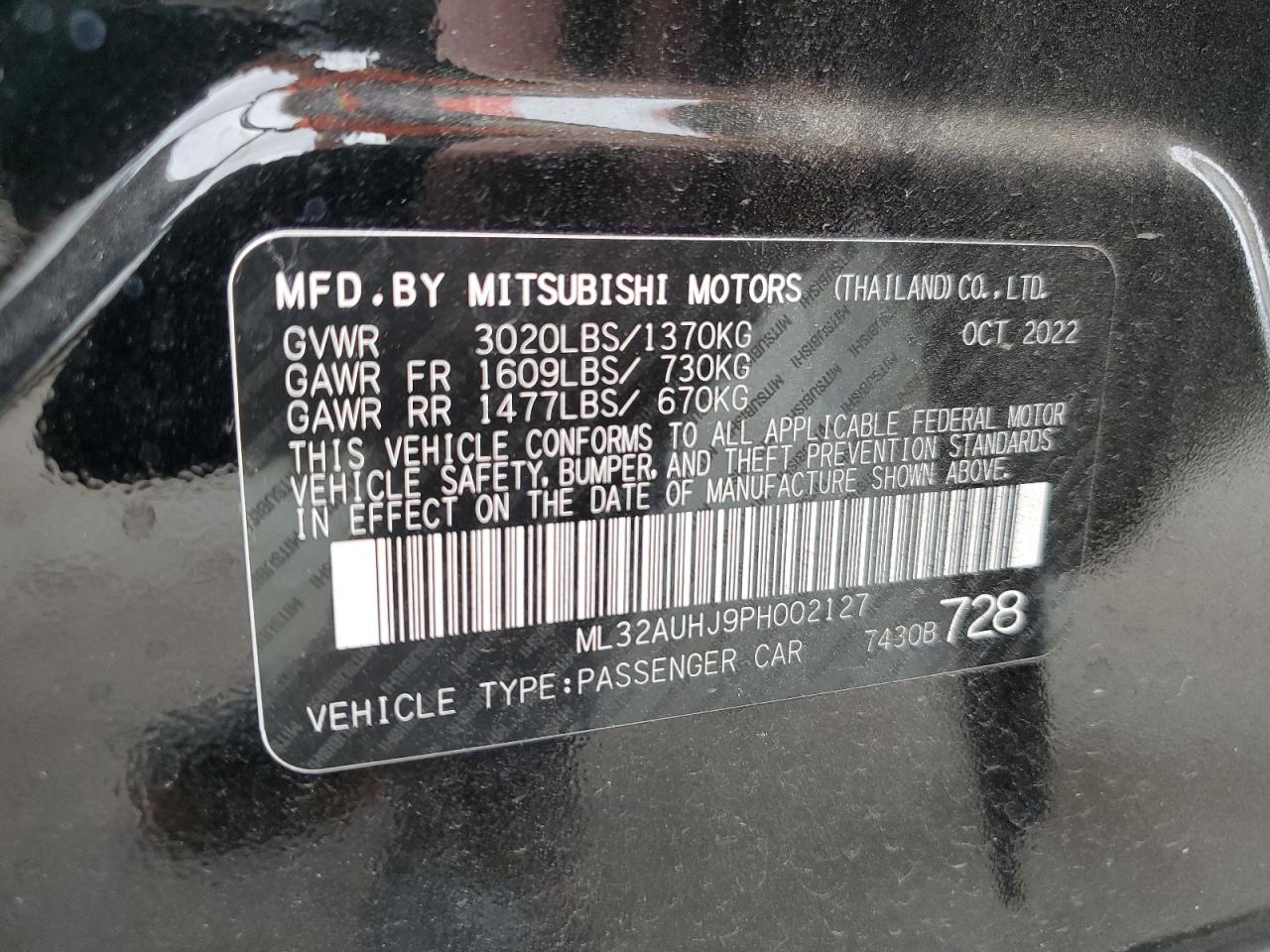 2023 MITSUBISHI MIRAGE ES VIN:ML32AUHJ9PH002127