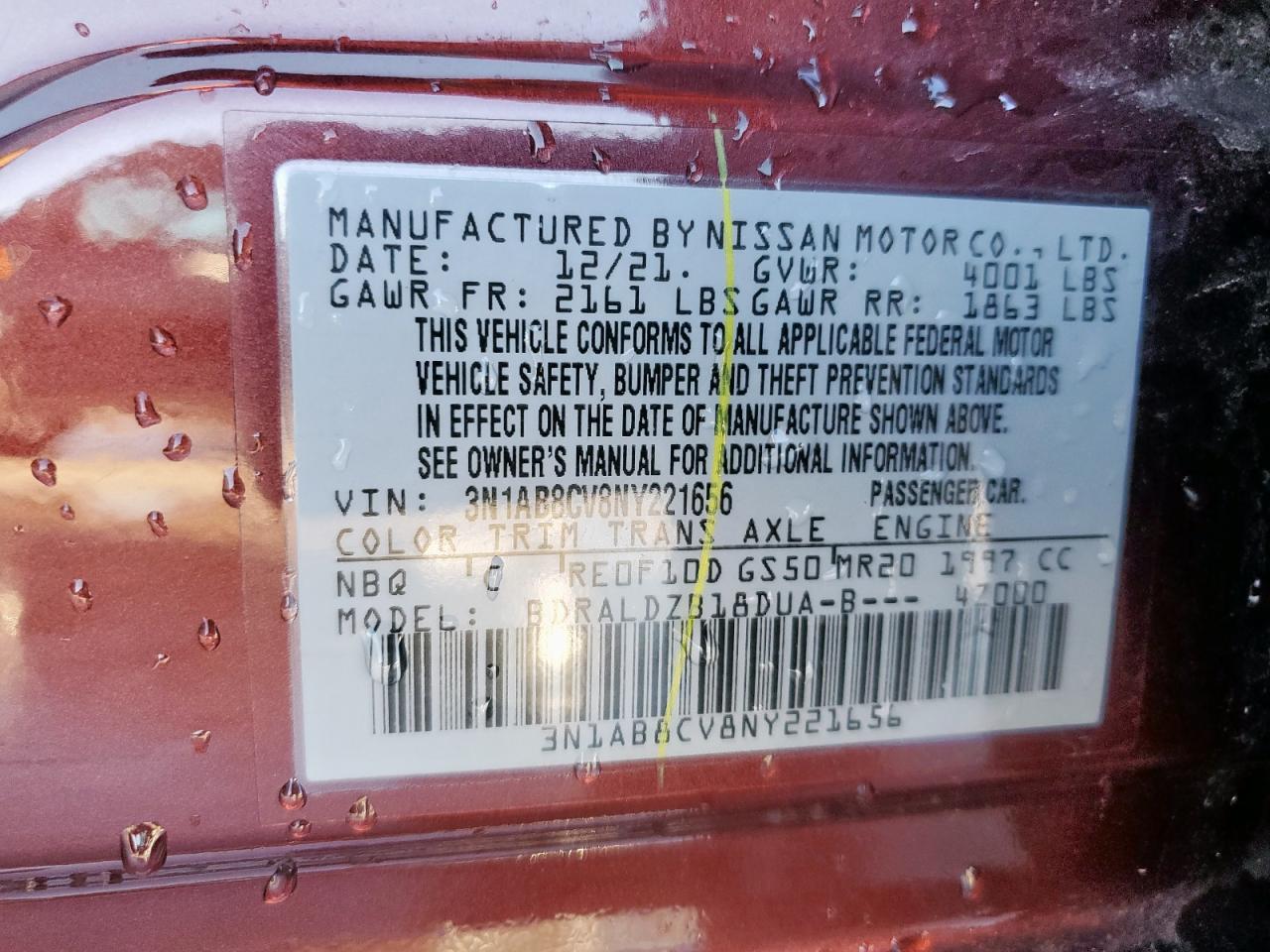 2022 NISSAN SENTRA SV VIN:3N1AB8CV8NY221656