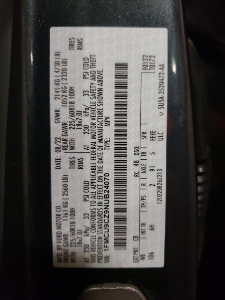 2022 FORD ESCAPE SEL VIN:1FMCU9CZ9NUB24070