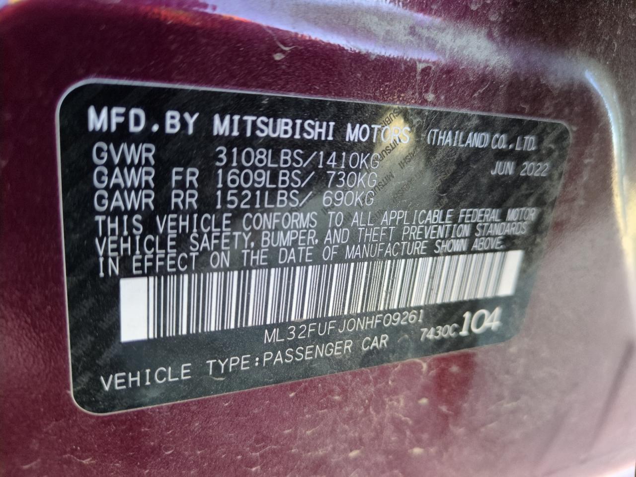 2022 MITSUBISHI MIRAGE G4 ES VIN:ML32FUFJ0NHF09261