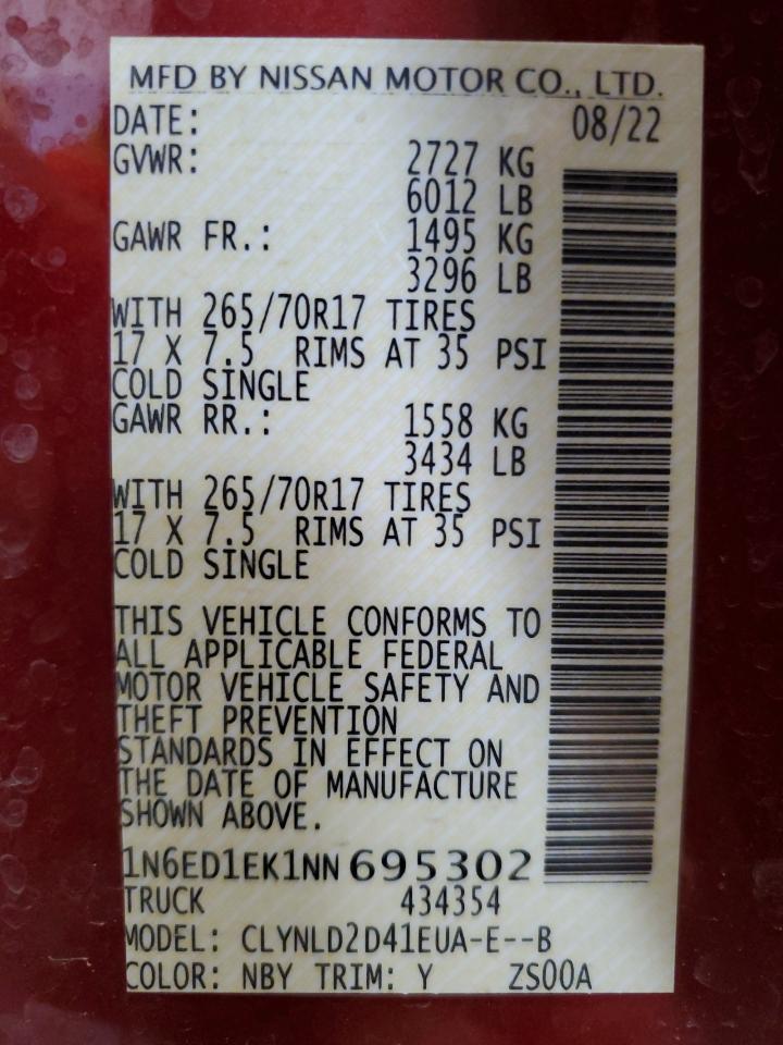 2022 NISSAN FRONTIER S VIN:1N6ED1EK1NN695302