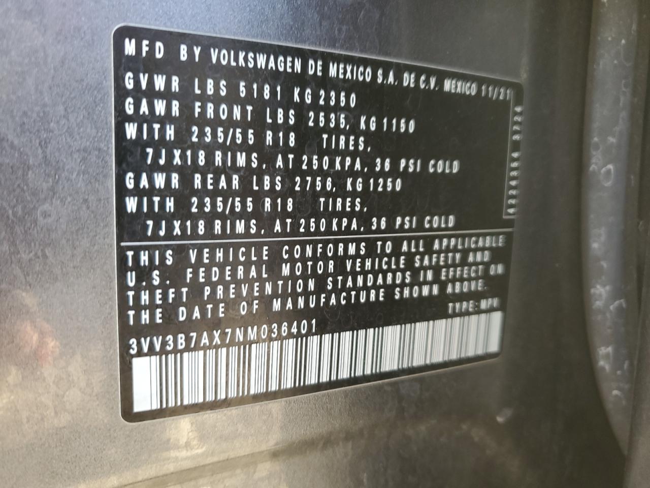 2022 VOLKSWAGEN TIGUAN SE VIN:3VV3B7AX7NM036401