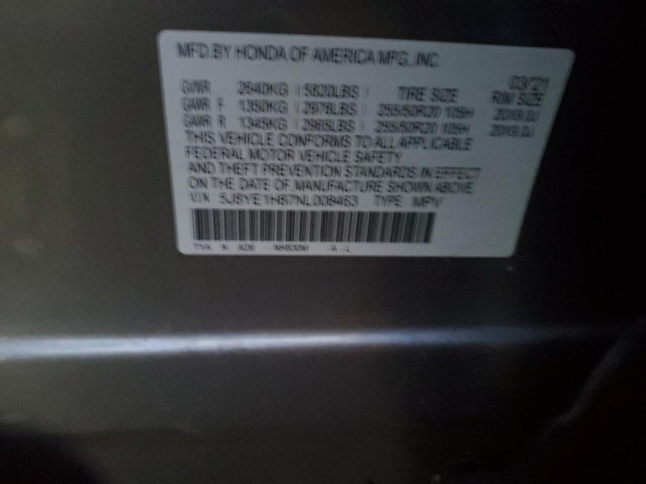 2022 ACURA MDX ADVANCE VIN:5J8YE1H87NL008463