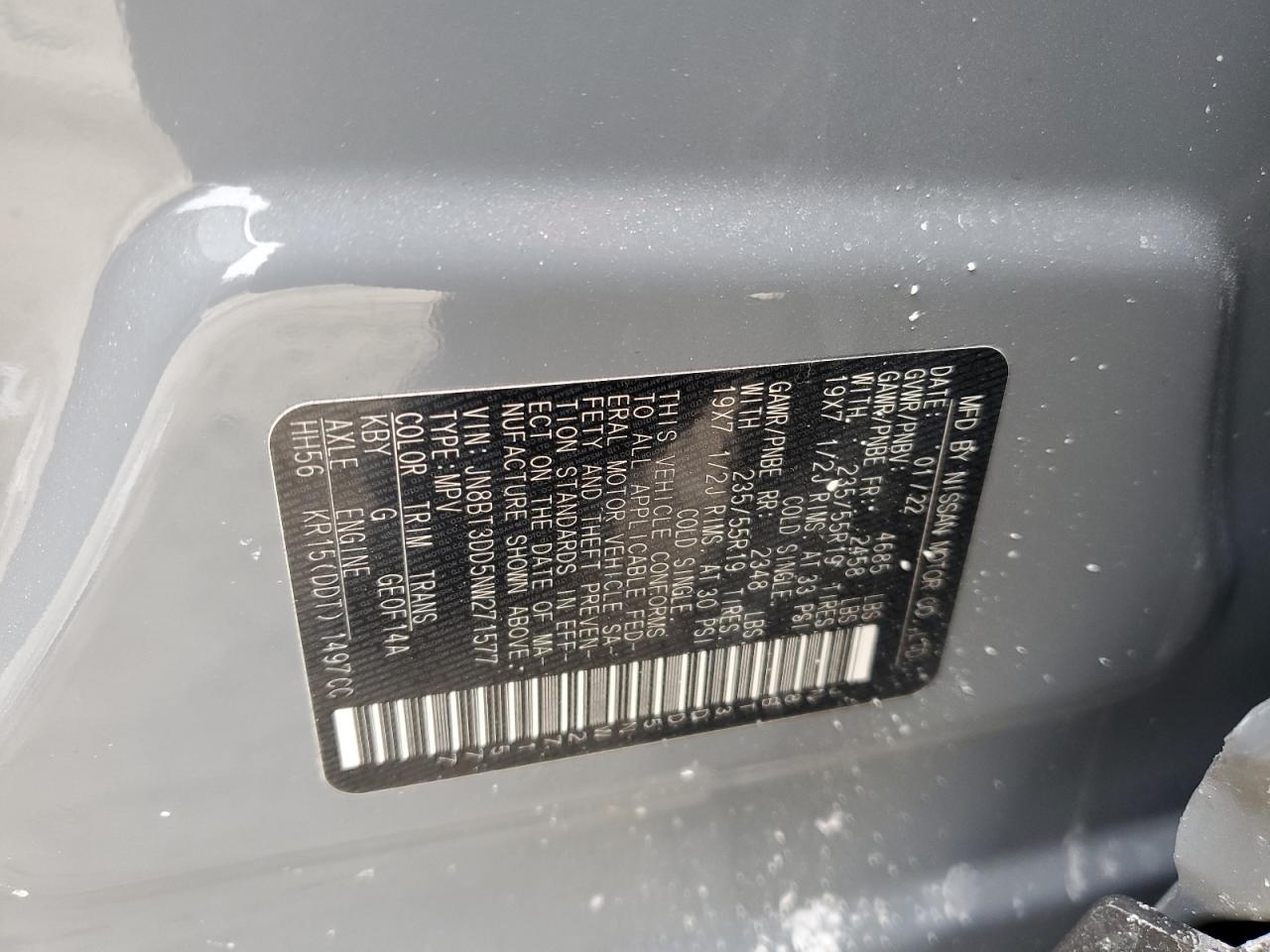 2022 NISSAN ROGUE PLATINUM VIN:JN8BT3DD5NW271577