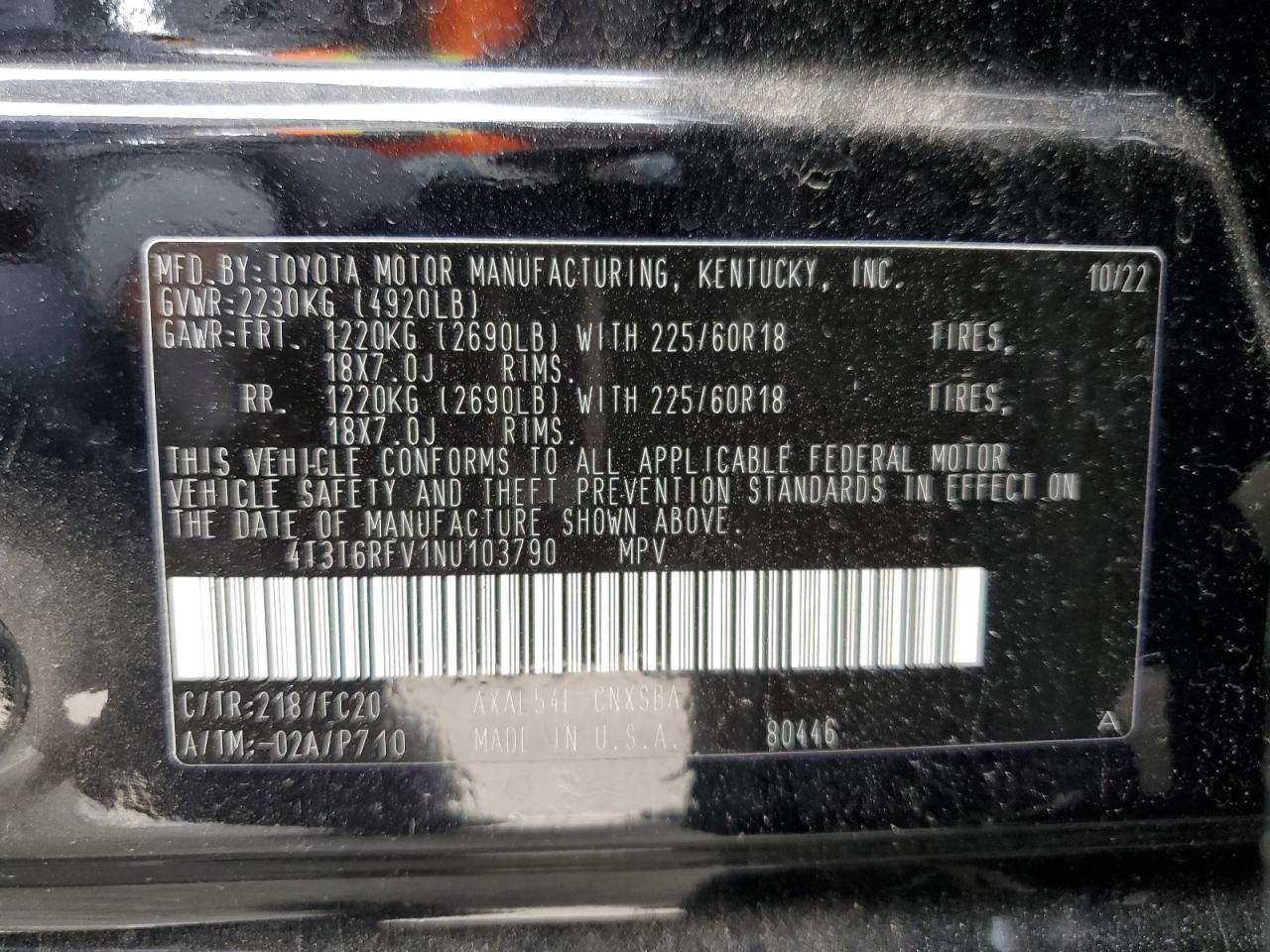 2022 TOYOTA RAV4 SE VIN:4T3T6RFV1NU103790