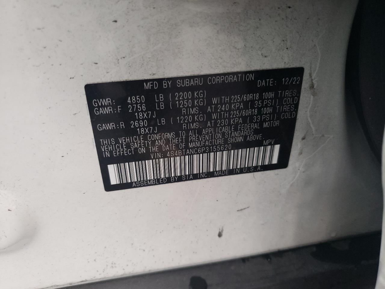 2023 SUBARU OUTBACK LIMITED VIN:4S4BTANC6P3155620