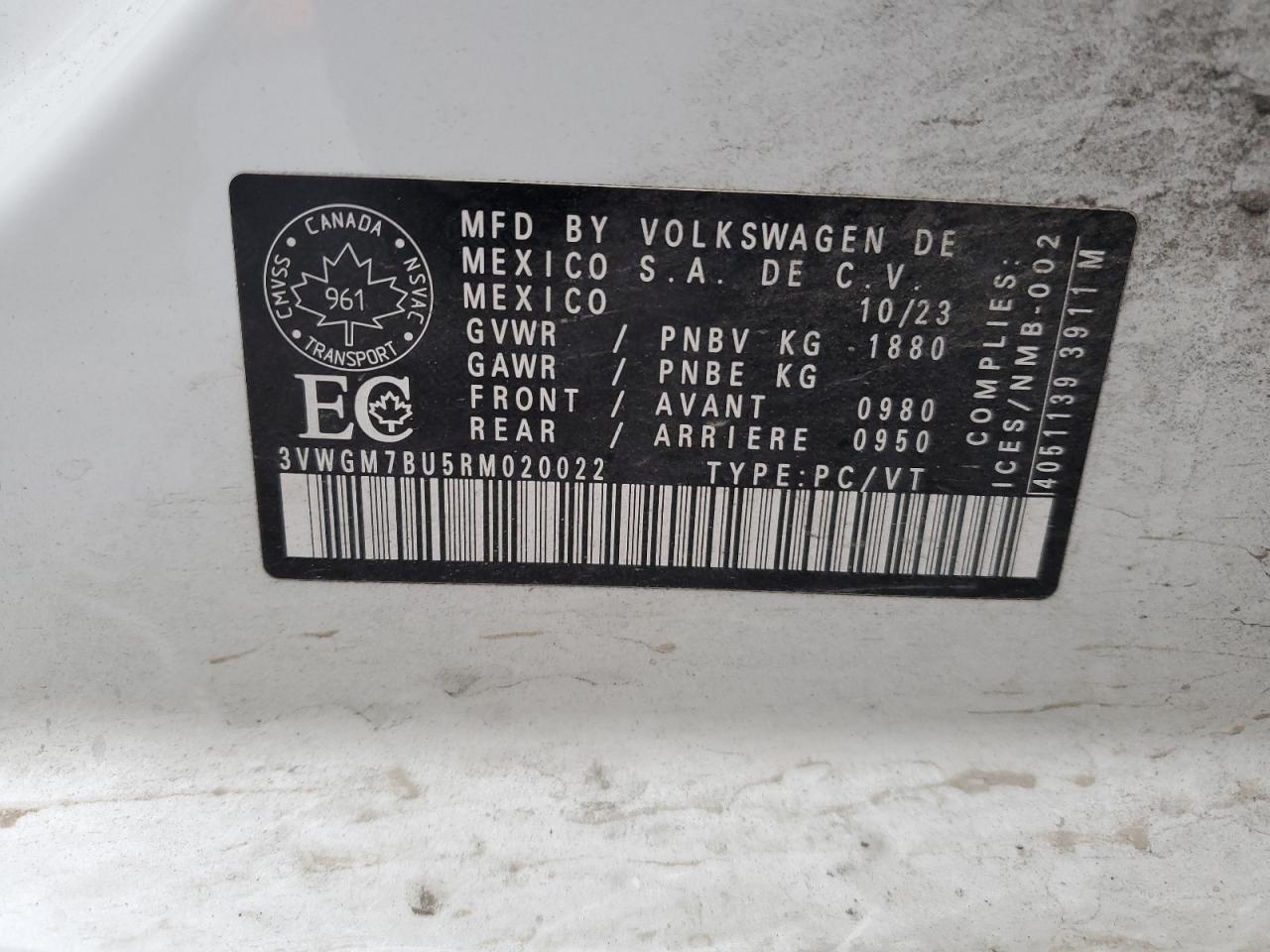2024 VOLKSWAGEN JETTA SEL VIN:3VWGM7BU5RM020022
