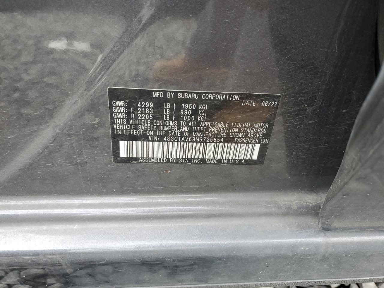 2022 SUBARU IMPREZA PREMIUM VIN:4S3GTAV69N3725854