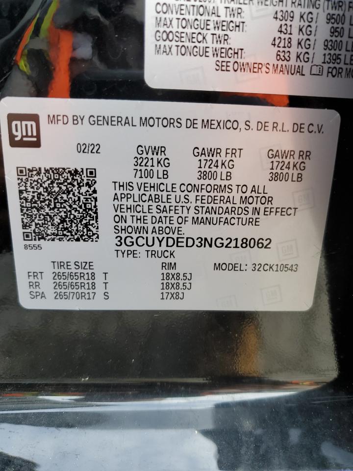 2022 CHEVROLET SILVERADO LTD K1500 LT VIN:3GCUYDED3NG218062