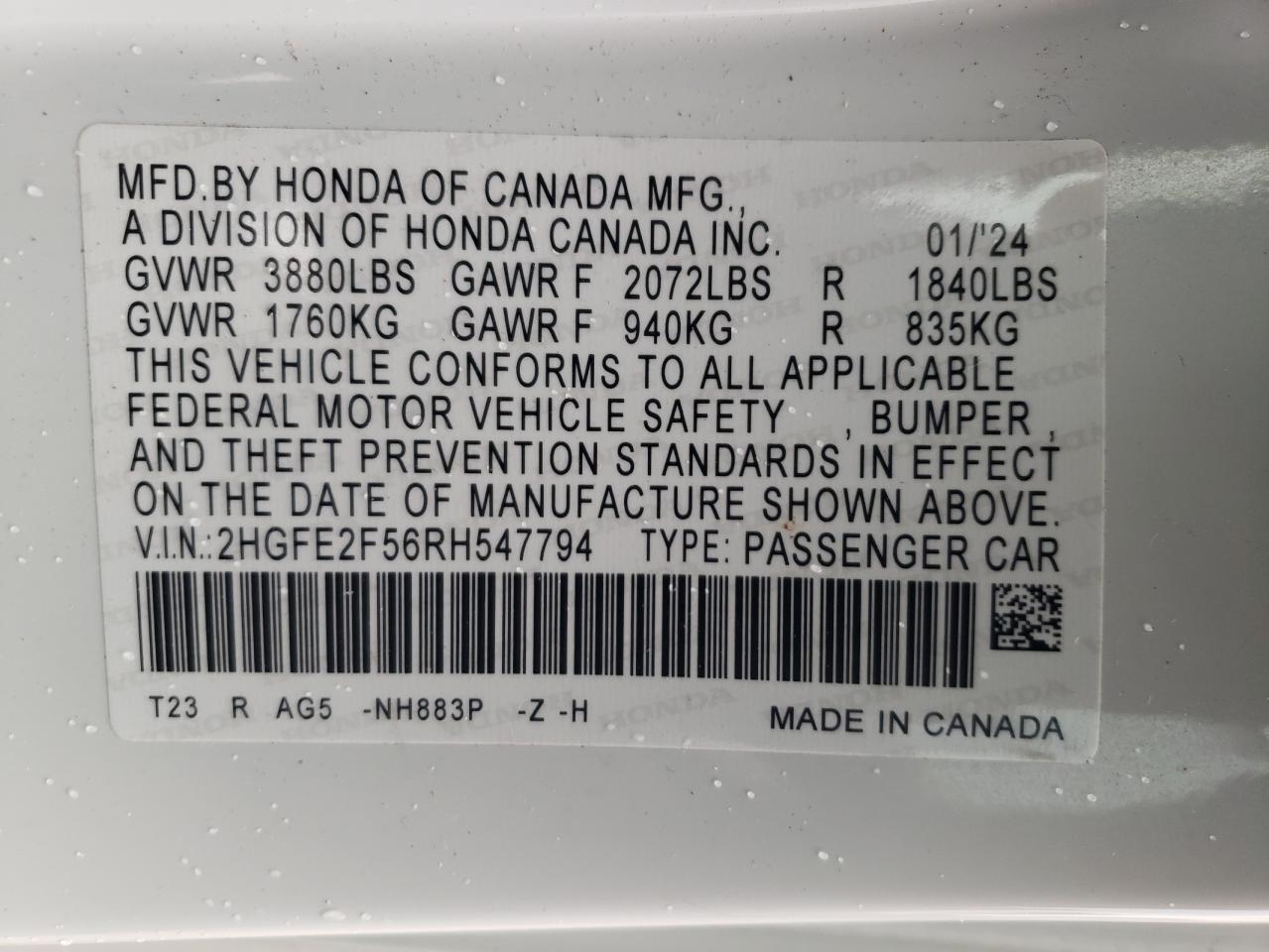 2024 HONDA CIVIC SPORT VIN:2HGFE2F56RH547794