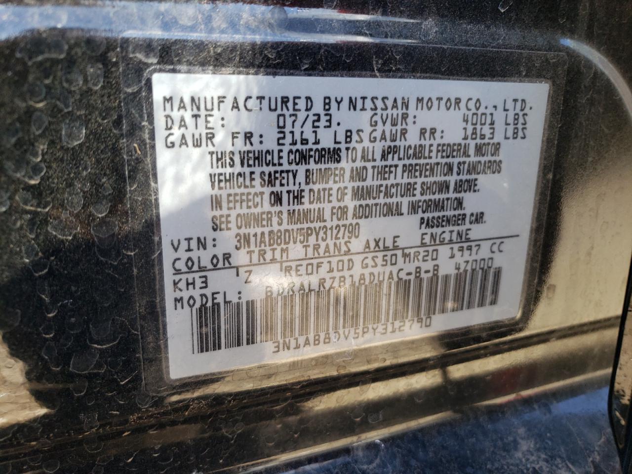 2023 NISSAN SENTRA SR VIN:3N1AB8DV5PY312790