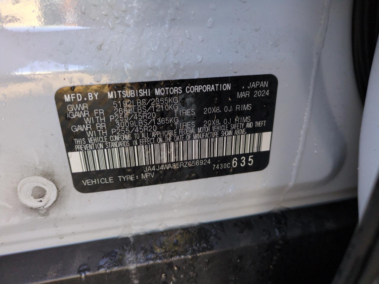 2024 MITSUBISHI OUTLANDER SEL VIN:JA4J4WA85RZ056924