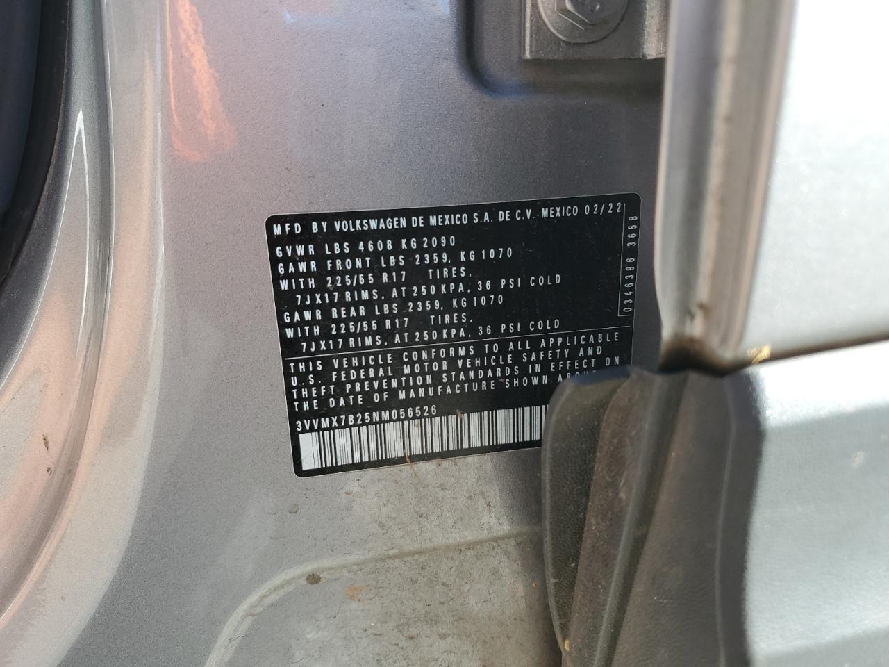 2022 VOLKSWAGEN TAOS S VIN:3VVMX7B25NM056526