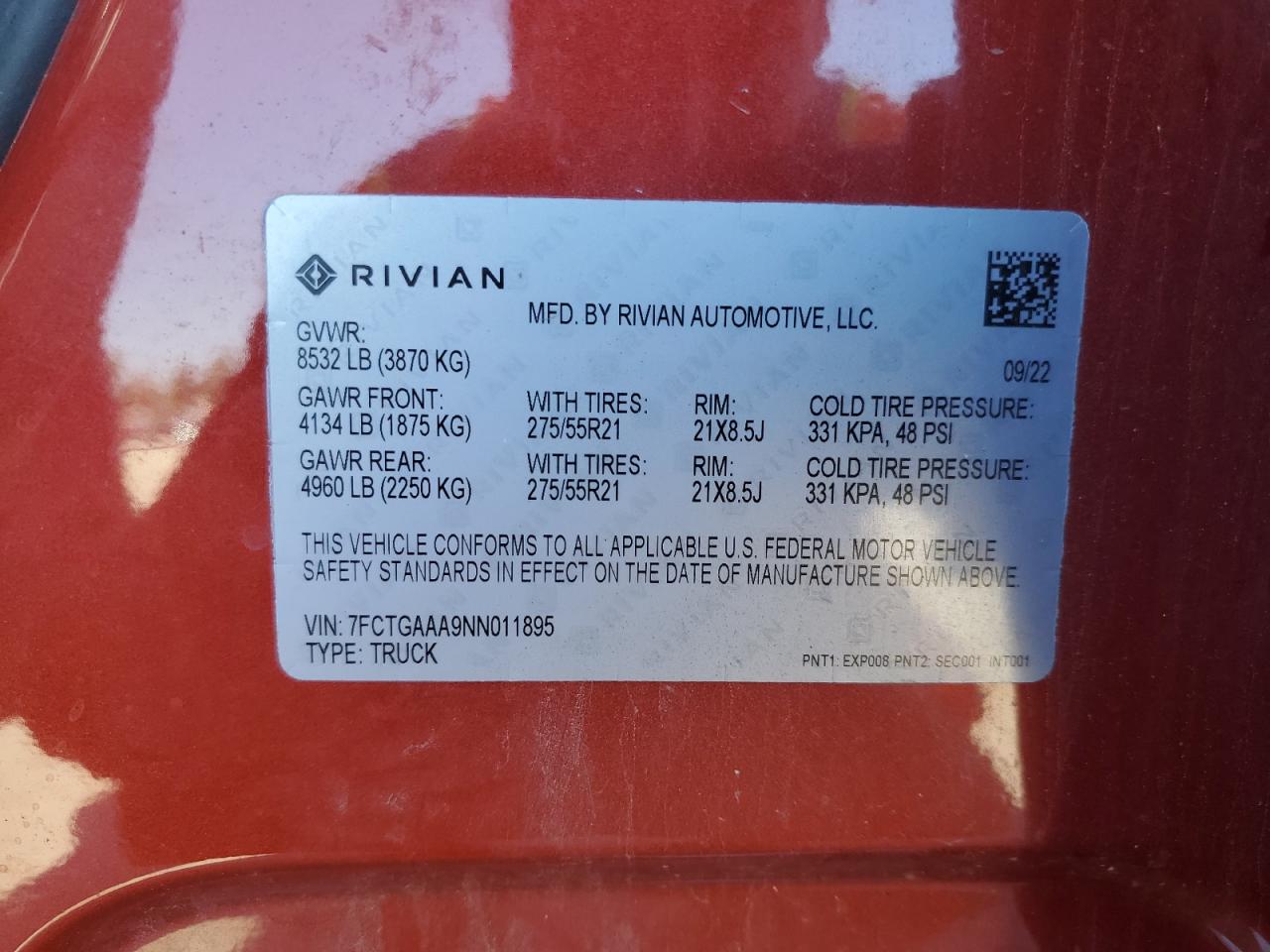 2022 RIVIAN R1T ADVENTURE VIN:7FCTGAAA9NN011895