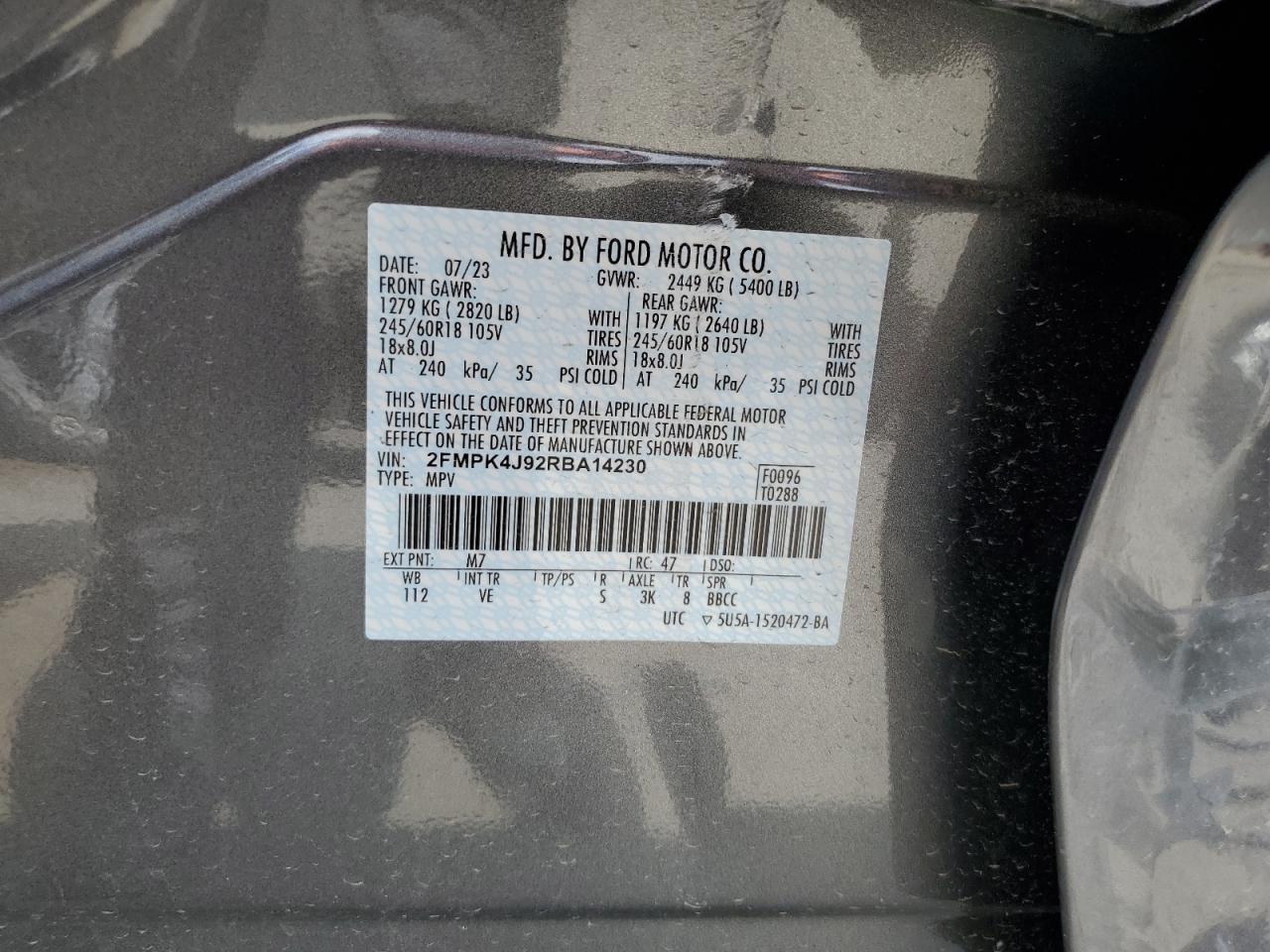 2024 FORD EDGE SEL VIN:2FMPK4J92RBA14230