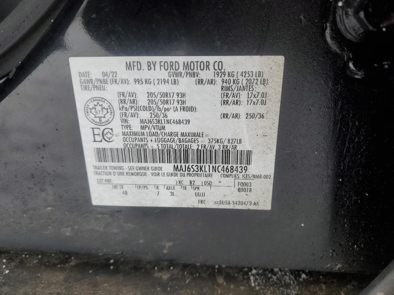 2022 FORD ECOSPORT TITANIUM VIN:MAJ6S3KL1NC468439