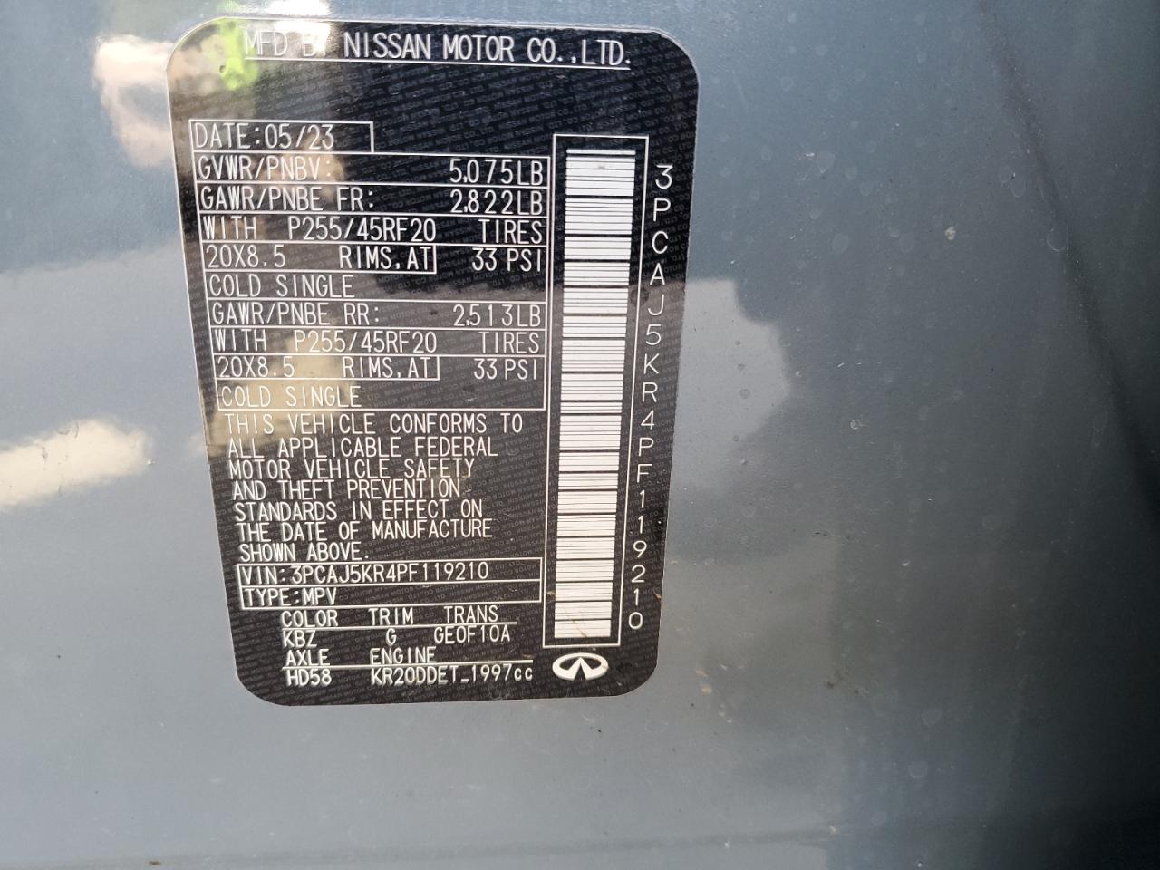 2023 INFINITI QX55 ESSENTIAL VIN:3PCAJ5KR4PF119210