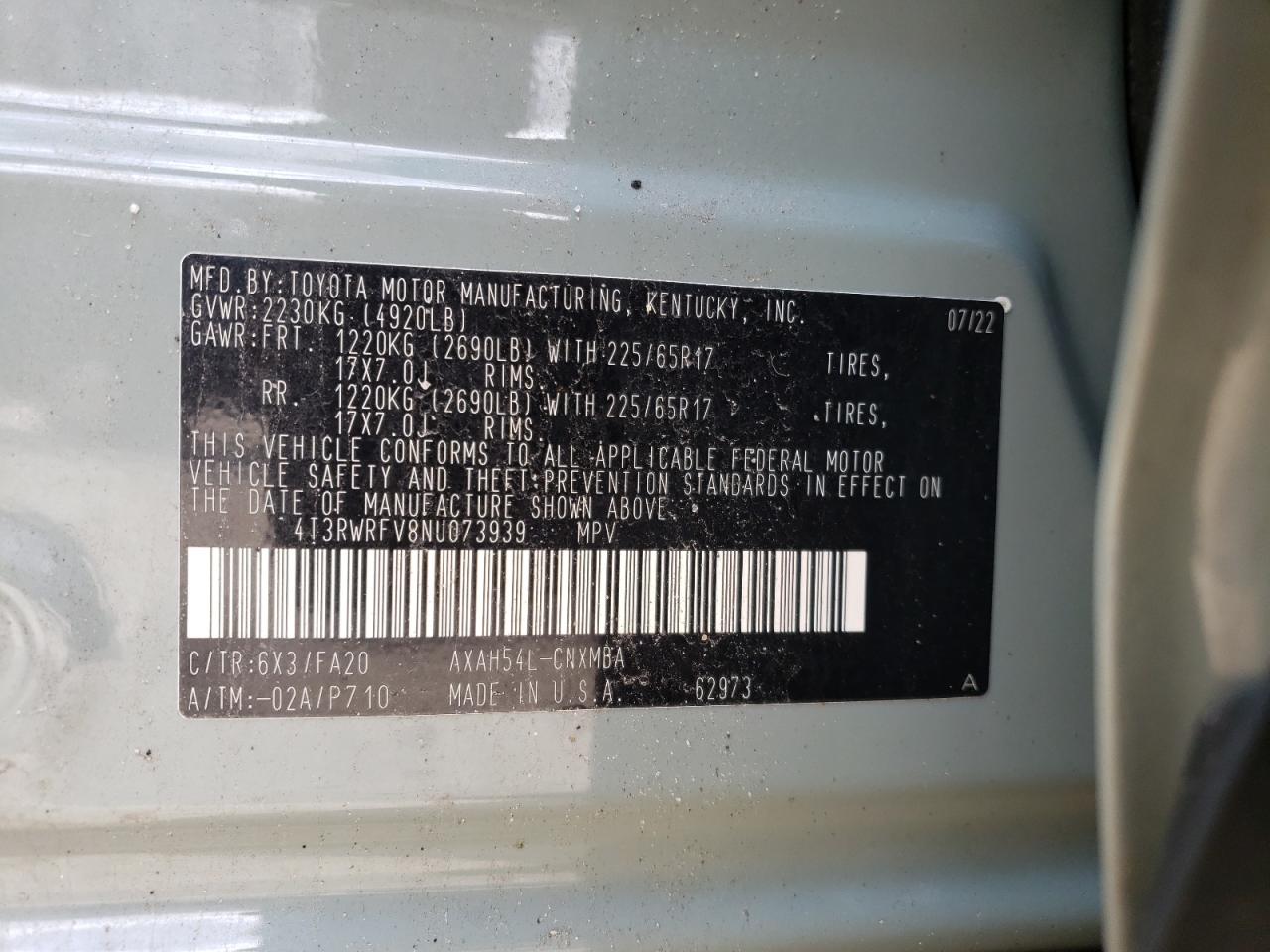 2022 TOYOTA RAV4 XLE VIN:4T3RWRFV8NU073939