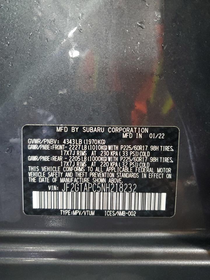 2022 SUBARU CROSSTREK PREMIUM VIN:JF2GTAPC5NH218232