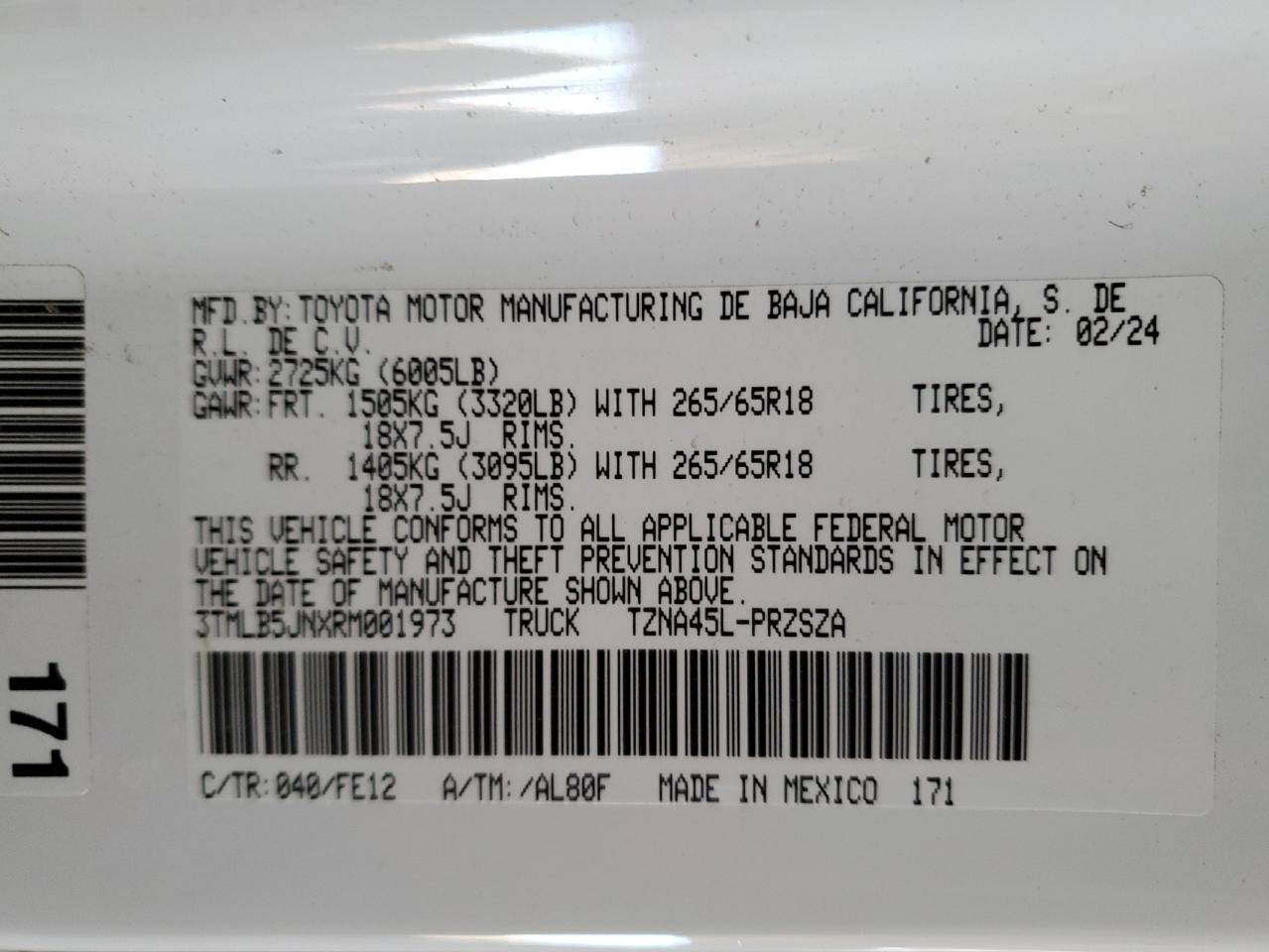 2024 TOYOTA TACOMA DOUBLE CAB VIN:3TMLB5JNXRM001973