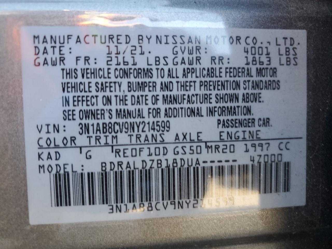 2022 NISSAN SENTRA SV VIN:3N1AB8CV9NY214599