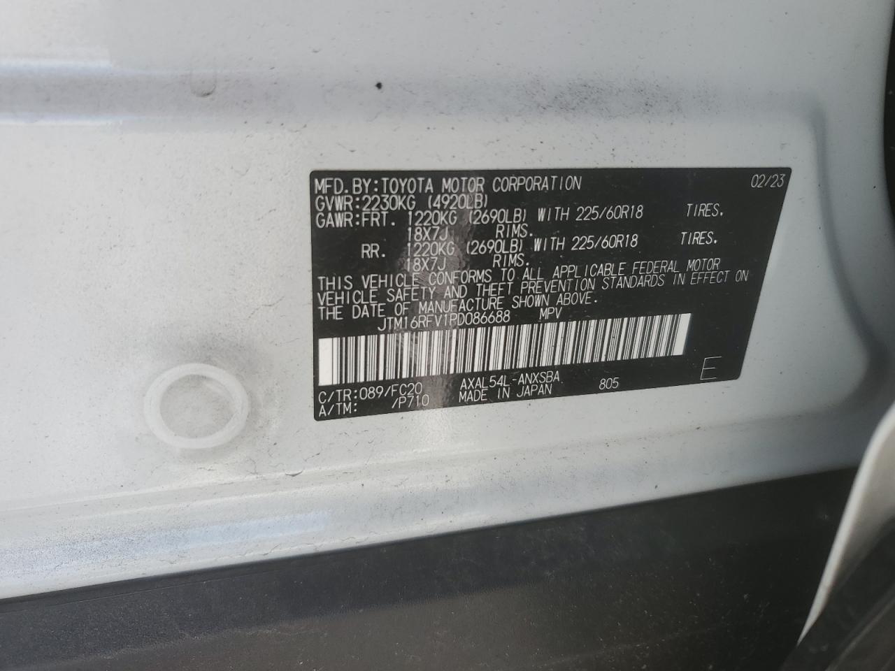 2023 TOYOTA RAV4 SE VIN:JTM16RFV1PD086688