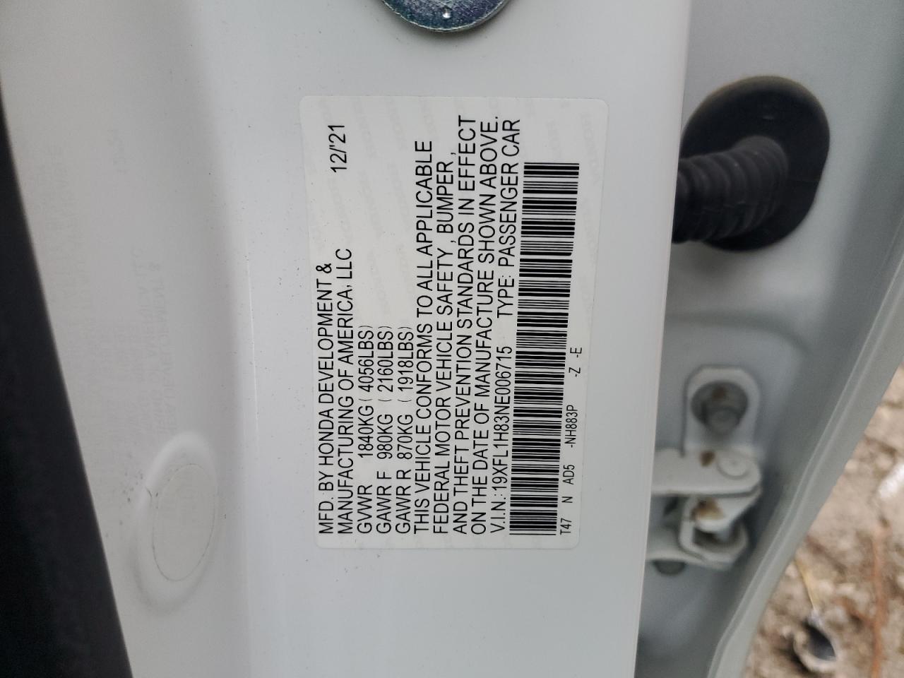 2022 HONDA CIVIC SPORT TOURING VIN:19XFL1H83NE006715
