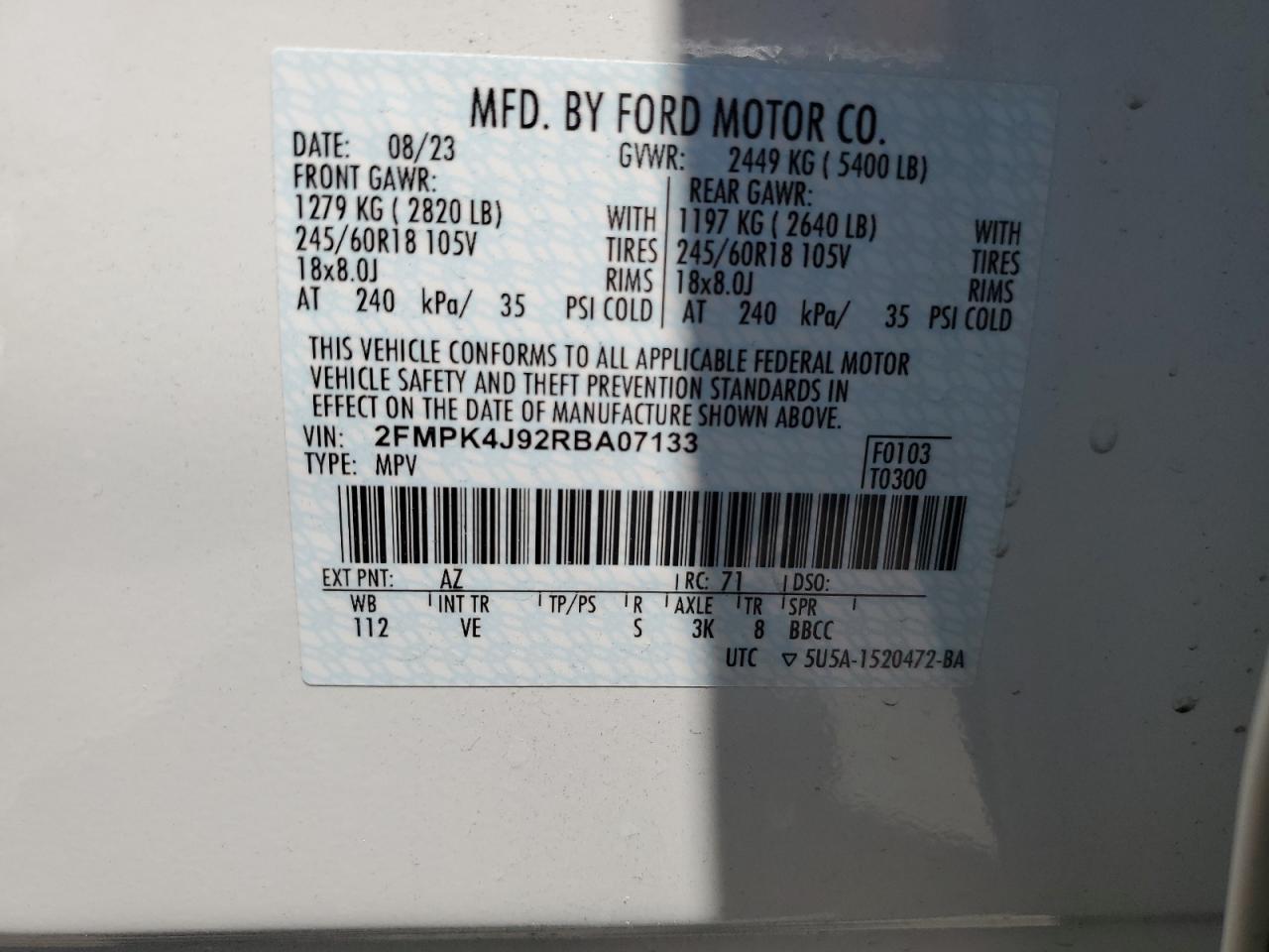 2024 FORD EDGE SEL VIN:2FMPK4J92RBA07133