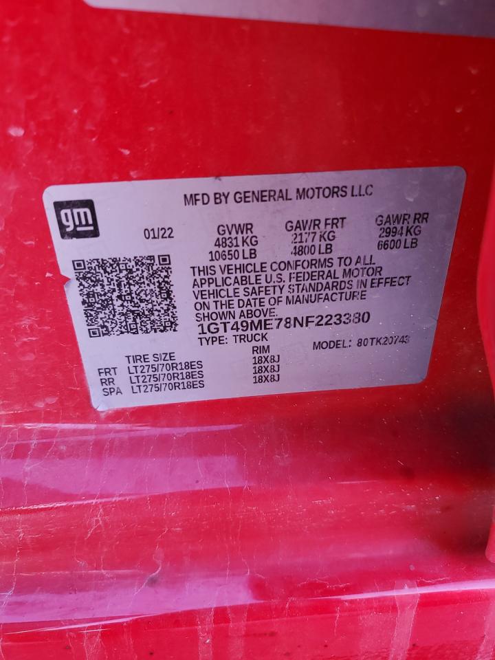 2022 GMC SIERRA K2500 SLE VIN:1GT49ME78NF223380