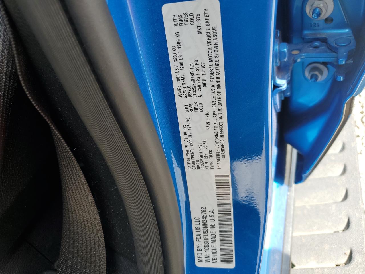 2022 RAM 1500 TRX VIN:1C6SRFU93NN345762