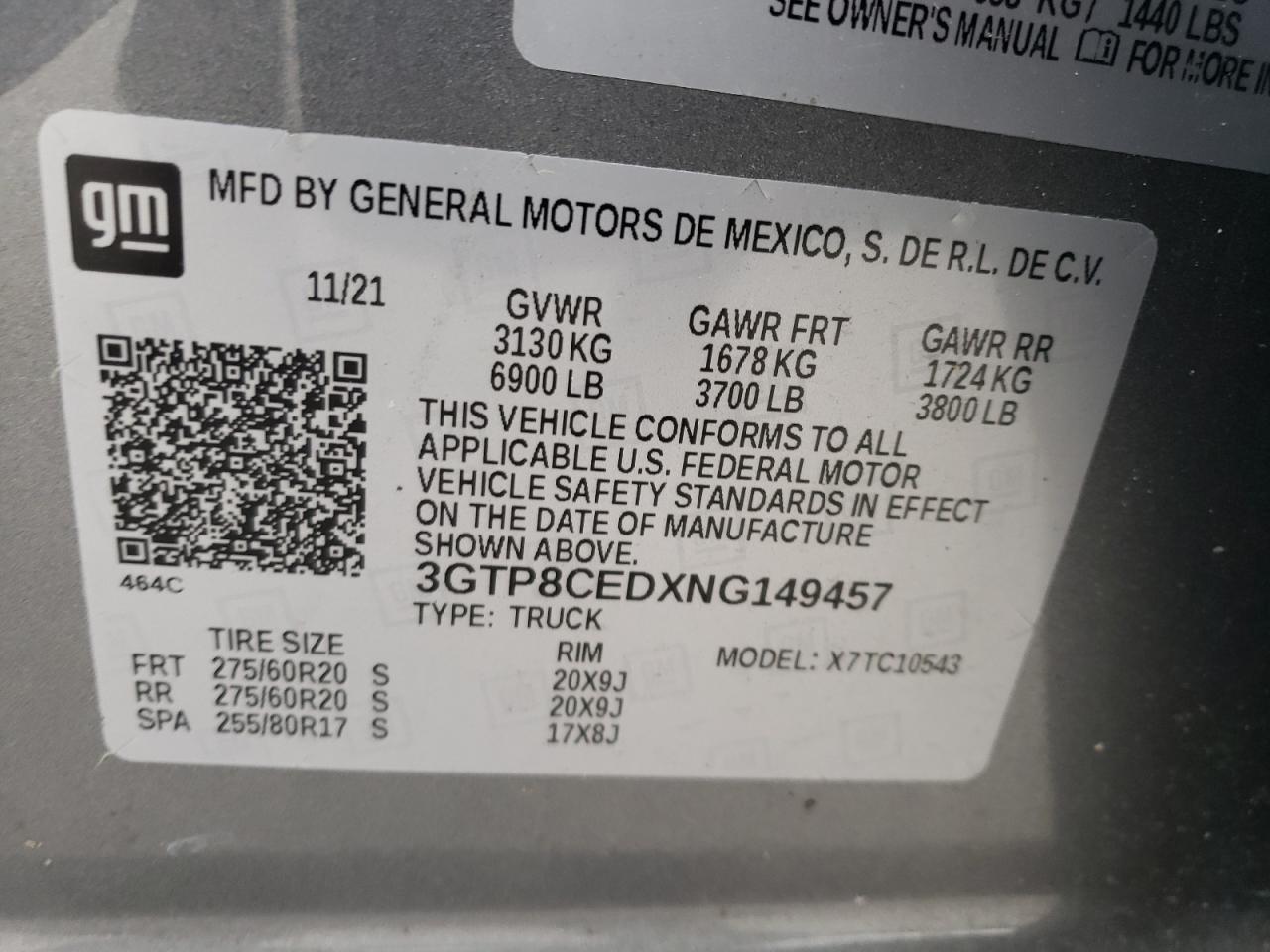 2022 GMC SIERRA LIMITED C1500 ELEVATION VIN:3GTP8CEDXNG149457