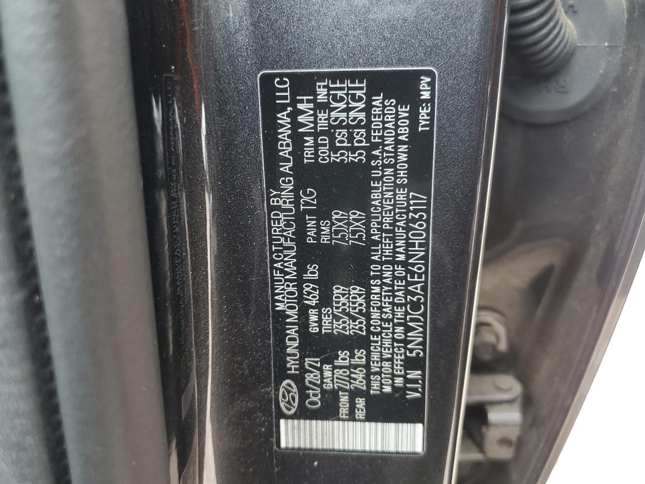 2022 HYUNDAI TUCSON SEL VIN:5NMJC3AE6NH063117