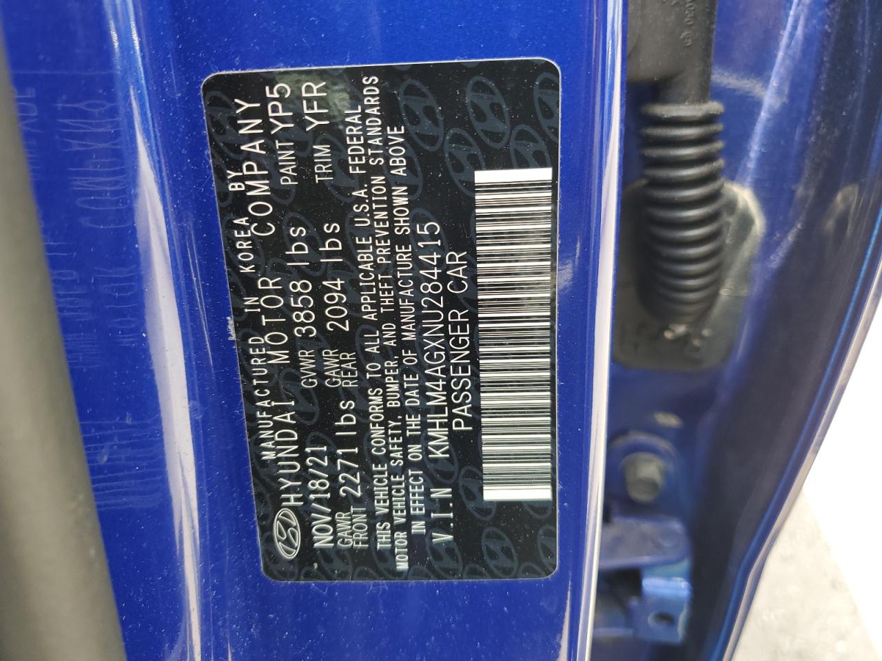 2022 HYUNDAI ELANTRA SEL VIN:KMHLM4AGXNU284415