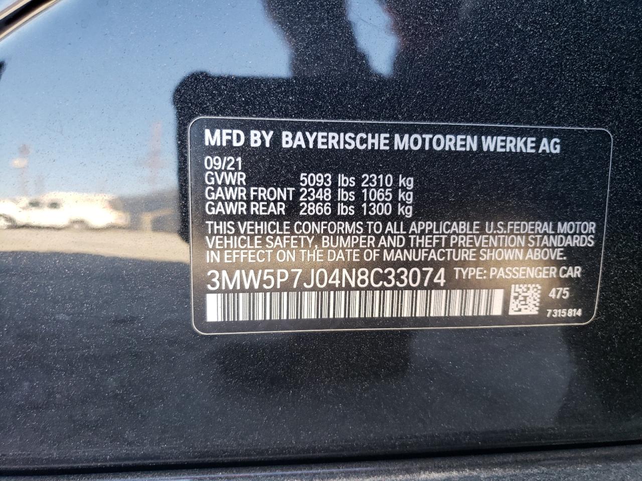 2022 BMW 330E  VIN:3MW5P7J04N8C33074