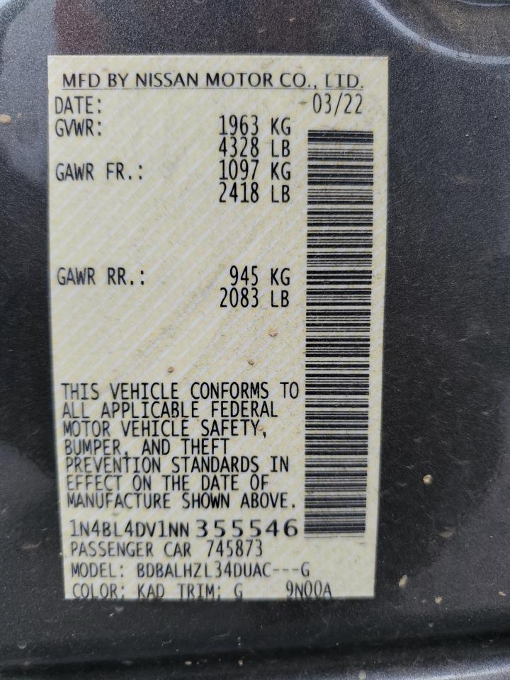 2022 NISSAN ALTIMA SV VIN:1N4BL4DV1NN355546