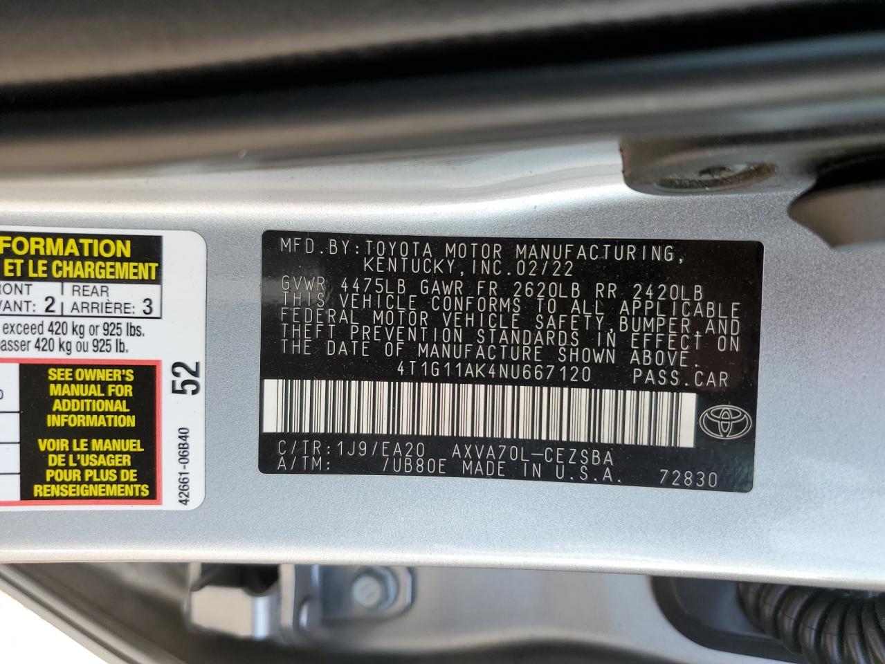 2022 TOYOTA CAMRY SE VIN:4T1G11AK4NU667120